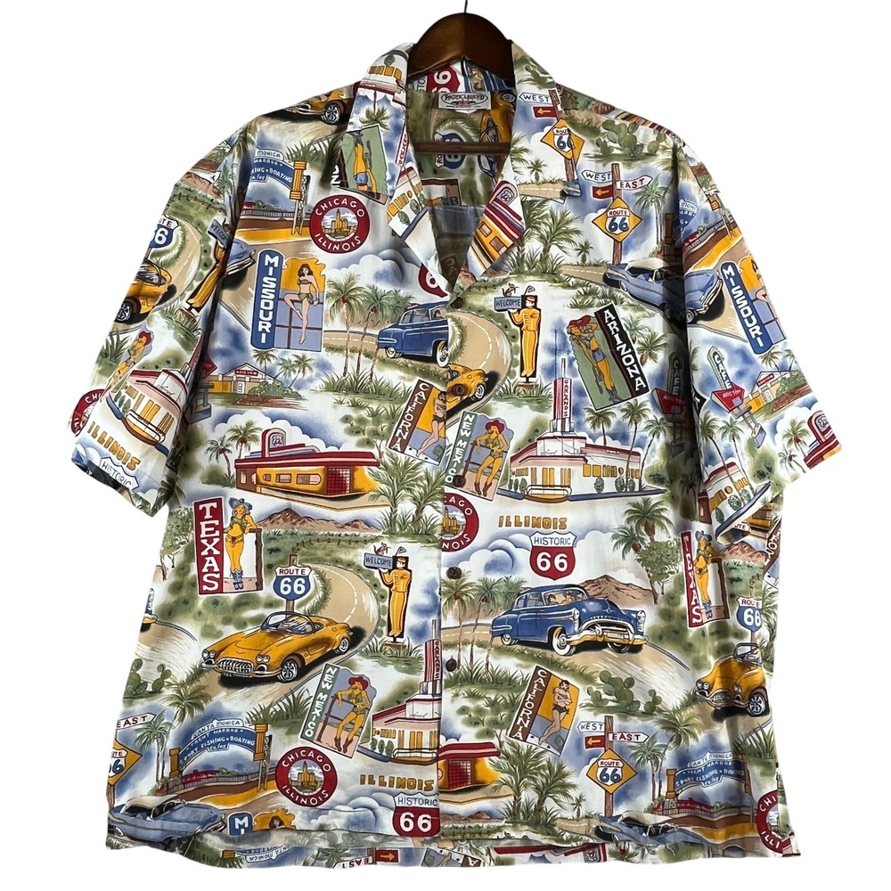 VTG Pacific Legends Made Hawaii USA Route 66 Aloha Shirt 3XL Pinup Americana Car
